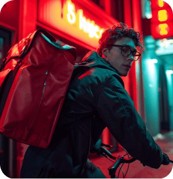 Мужчина на велосипеде с сумкой, доставщик еды